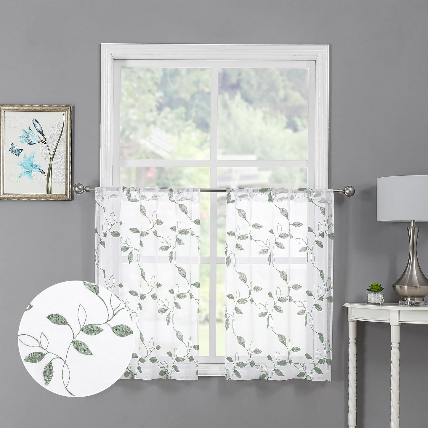 Tollpiz White Leaf Sheer Curtains Bedroom 54 x 84 Inches | Leaves Embroidered Curtain Rod Pocket Voile Window Treatment for Living Room, Set of 2 Panels