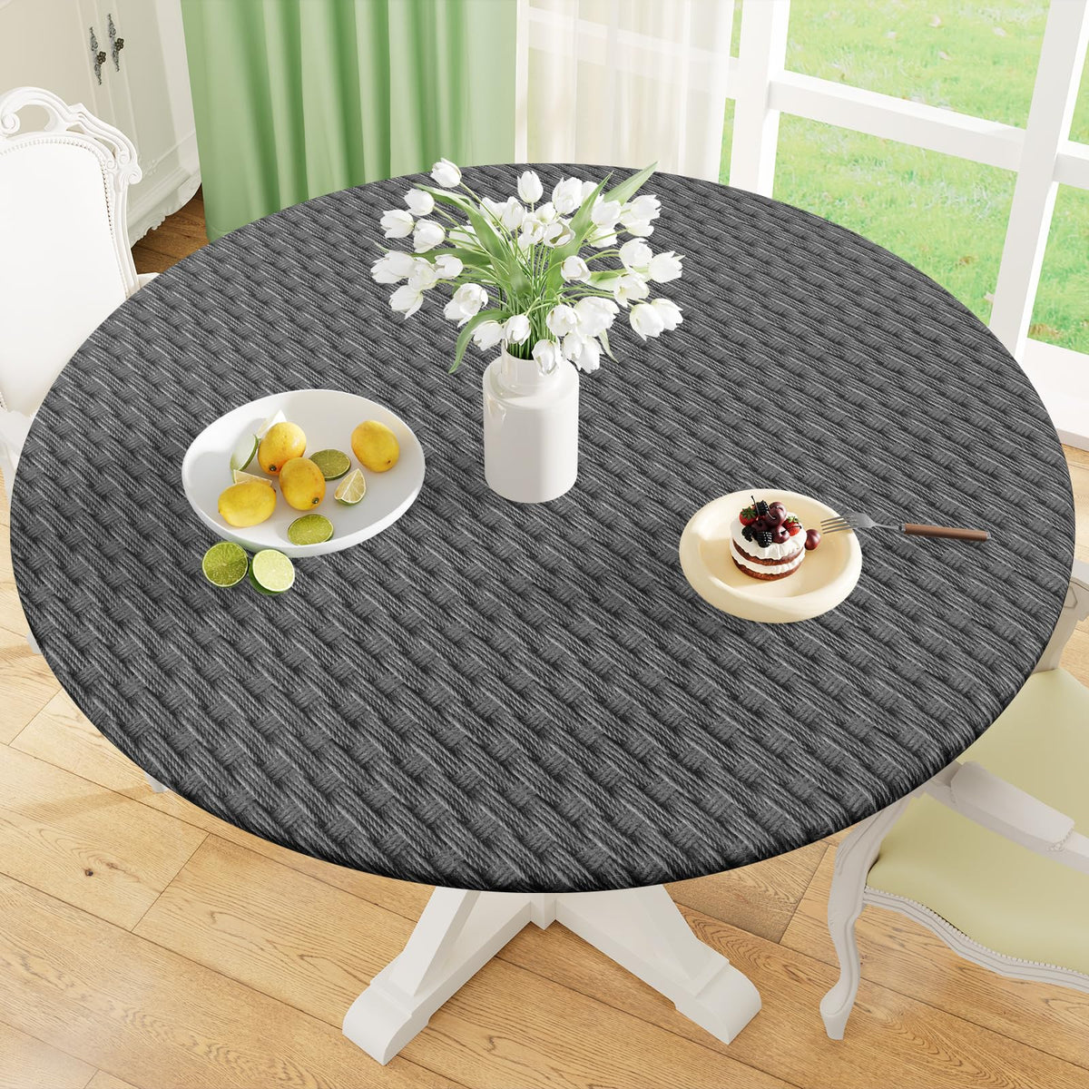 Round Fitted Tablecloth with Elastic Edge, 100% Waterproof Oil Proof Plastic Table Cover, Vinyl Flannel Backed Tablecloth Fits 36"-44" Round Tables for Dinner, Outdoor, Picnic, Oak Wooden Grain