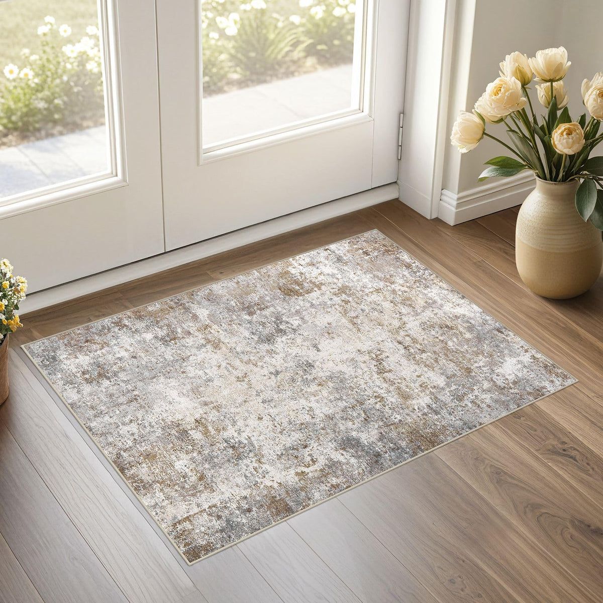 UERMEI 9x12 Area Rug Living Room Rugs - Washable Neutral Modern Abstract Soft Thin Large Rug Indoor Floor No Slip Rug Carpet for Bedroom Under Dining Table Home Office Decor - Brown Grey