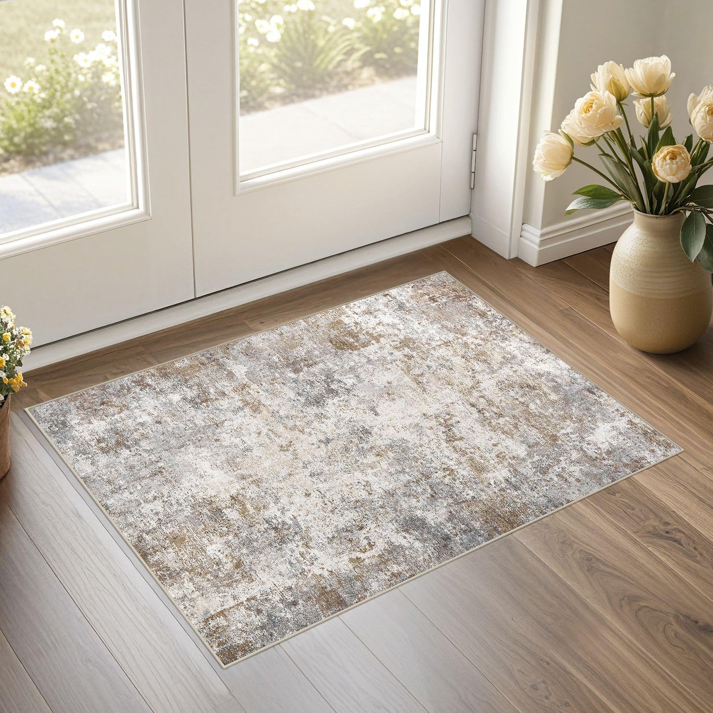 UERMEI 8x10 Area Rug Living Room Rugs - Washable Neutral Modern Abstract Soft Thin Large Rug Indoor Floor No Slip Rug Carpet for Bedroom Under Dining Table Home Office Decor - Brown Grey