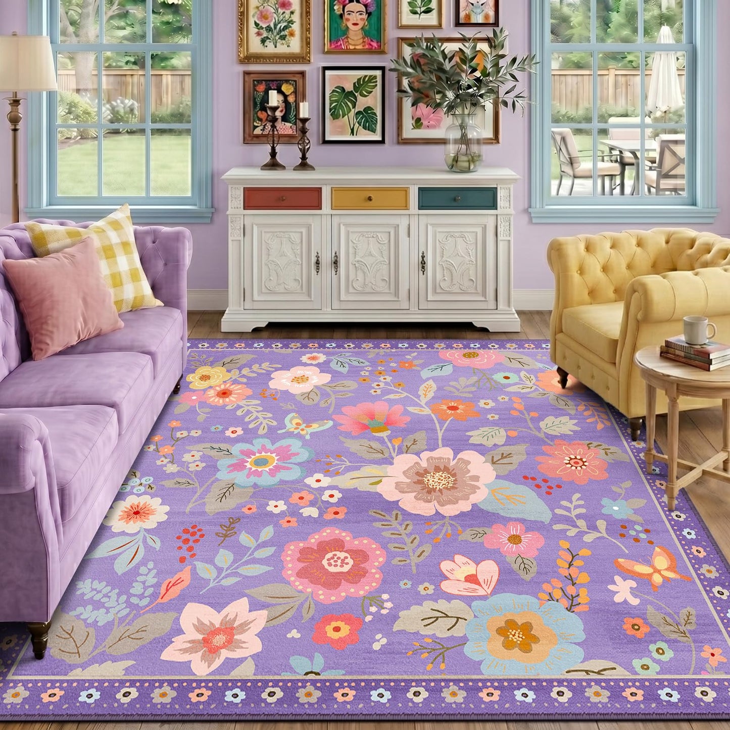 RELEANY Floral Washable 5x7 Area Rugs Black | Flower Carpet, Print, Boho, Non-Slip, Easy to Clean, Soft, Low Pile for Living Room Bedroom Kitchen Office Entryway Hallway