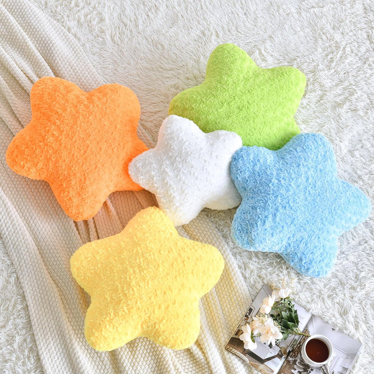 Star Pillow, 14.9" Star Shaped Plush Pillow for Couch Bed Sofa, Cute Decorative Throw Pillows with Soft Faux Fur Room Decor for Bedroom Living Room (White)
