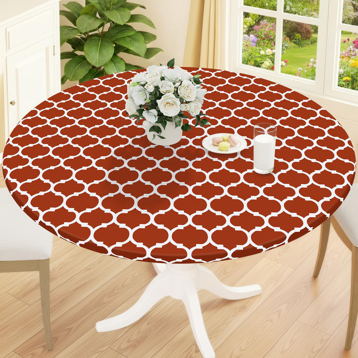 Smiry Round Picnic Tablecloth, Waterproof Elastic Fitted Table Covers for 45" - 56" Tables, Wipeable Flannel Backed Vinyl Tablecloths for Camping, Indoor, Outdoor, Grey & White