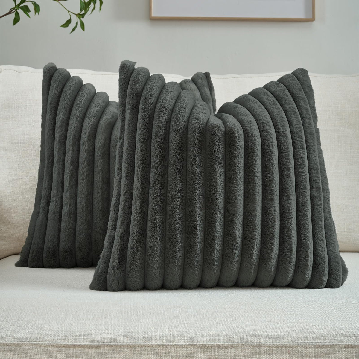 FUTEI Pack of 2 Faux Fur Throw Pillow Covers 18x18 Inch, Cream White | Fluffy Faux Rabbit Fur Front/Premium Velvet Back,Hidden Zipper,Machine Washable,Non-Shedding,Colorfast,Insert Not Included.