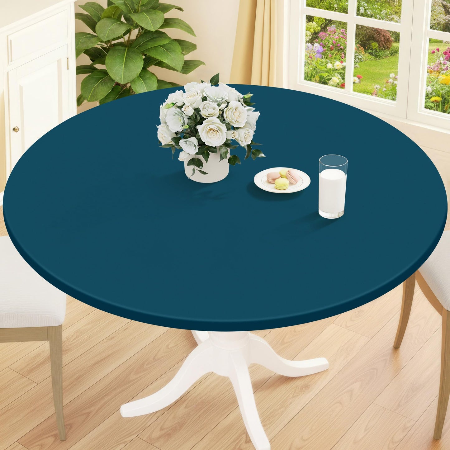 Smiry Round Picnic Tablecloth, Waterproof Elastic Fitted Table Covers for 45" - 56" Tables, Wipeable Flannel Backed Vinyl Tablecloths for Camping, Indoor, Outdoor, Grey & White