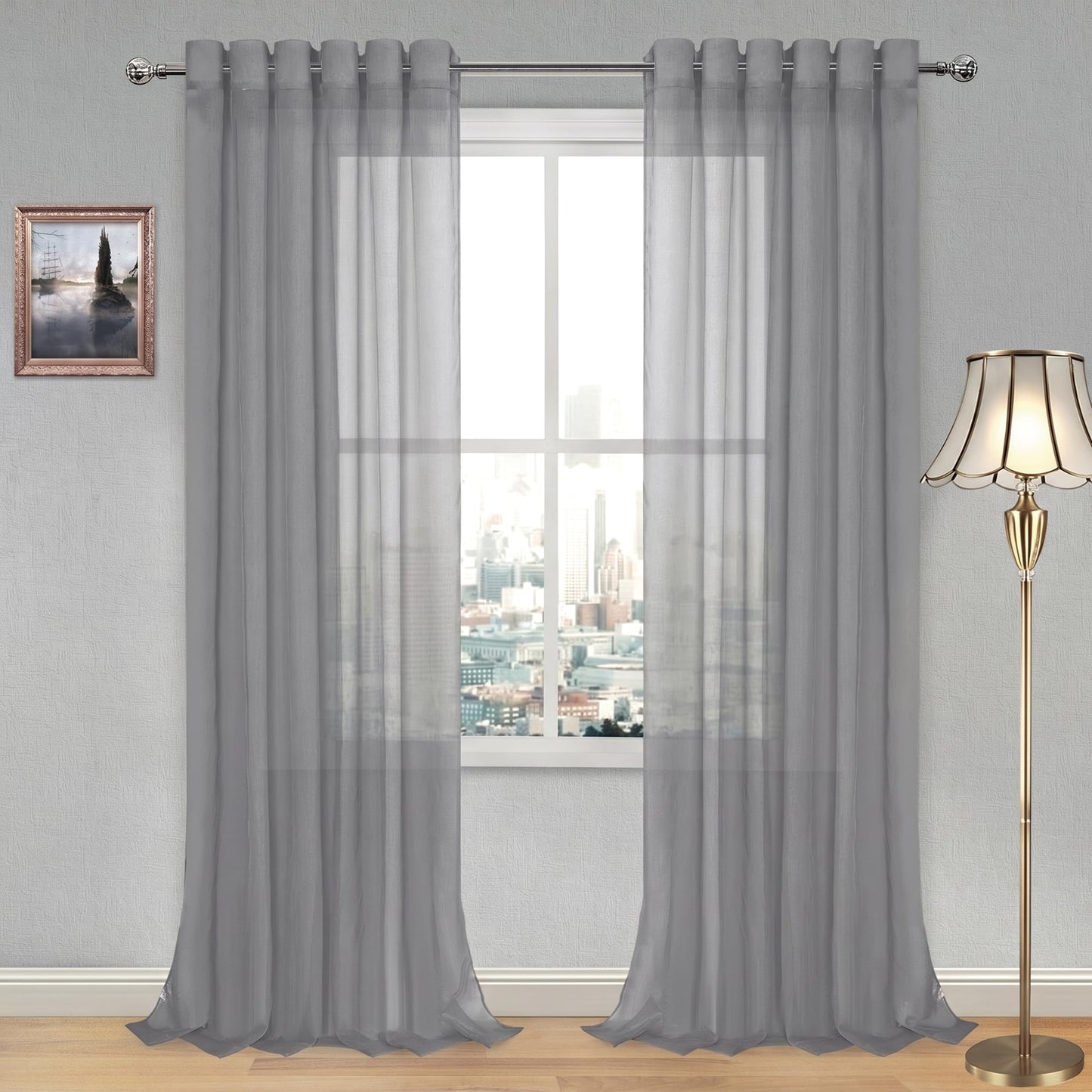 DWCN White Sheer Curtains Linen Look Semi Transparent Voile Grommet White Curtains for Living Dining Room Drapes 52 x 84 Inch Long, Set of 2 Panels