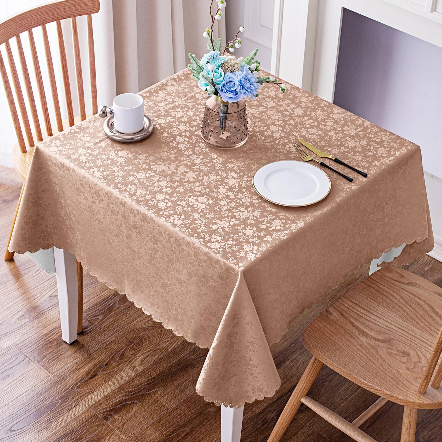 Smiry Rectangle Waterproof Heavy Duty Vinyl Tablecloths, 60 x 84 Inch | Wipeable Washable Floral Embossed Table Cover for Kitchen and Dining Room, Indoor & Outdoor Use, Beige