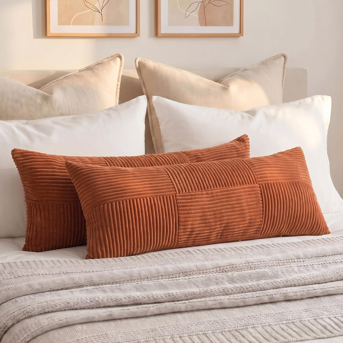 Fancy Homi 2 Packs Rust Boho Decorative Throw Pillow Covers 18x18 Inch for Couch Bed Sofa, Farmhouse Fall Home Decor, Soft Corss Corduroy Patchwork Textured Terracotta Accent Cushion Case 45x45 cm