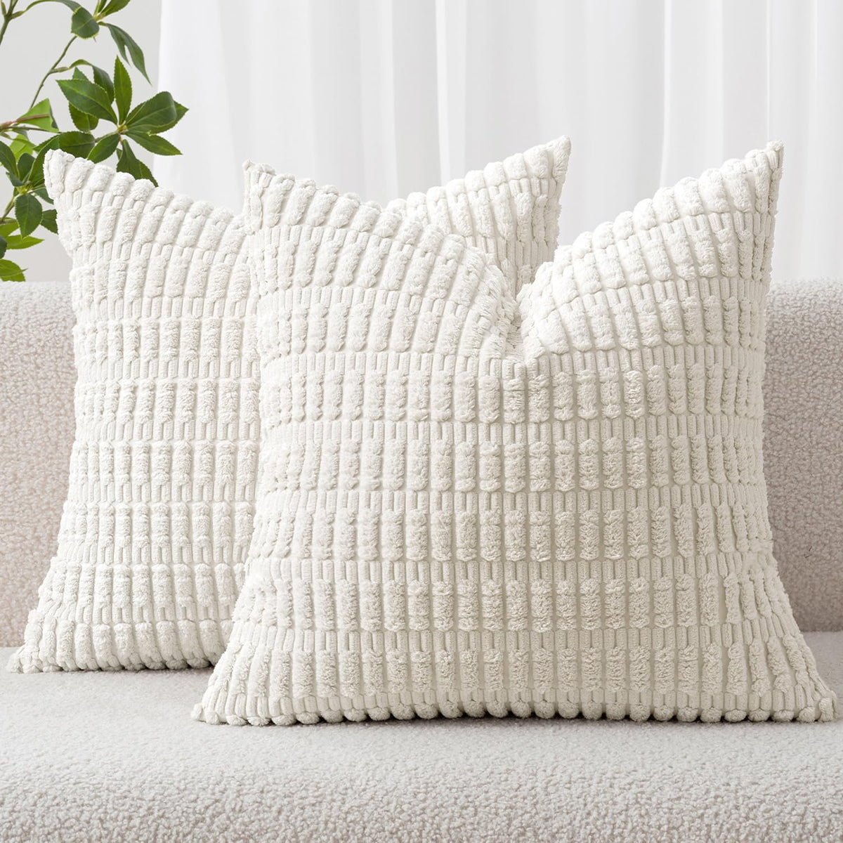 MIULEE Corduroy Decorative Throw Pillow Covers 18x18 Cream White Pack of 2 | Soft Boho Striped Pillow Covers Modern Farmhouse Home Decor For Sofa Living Room Couch Bed