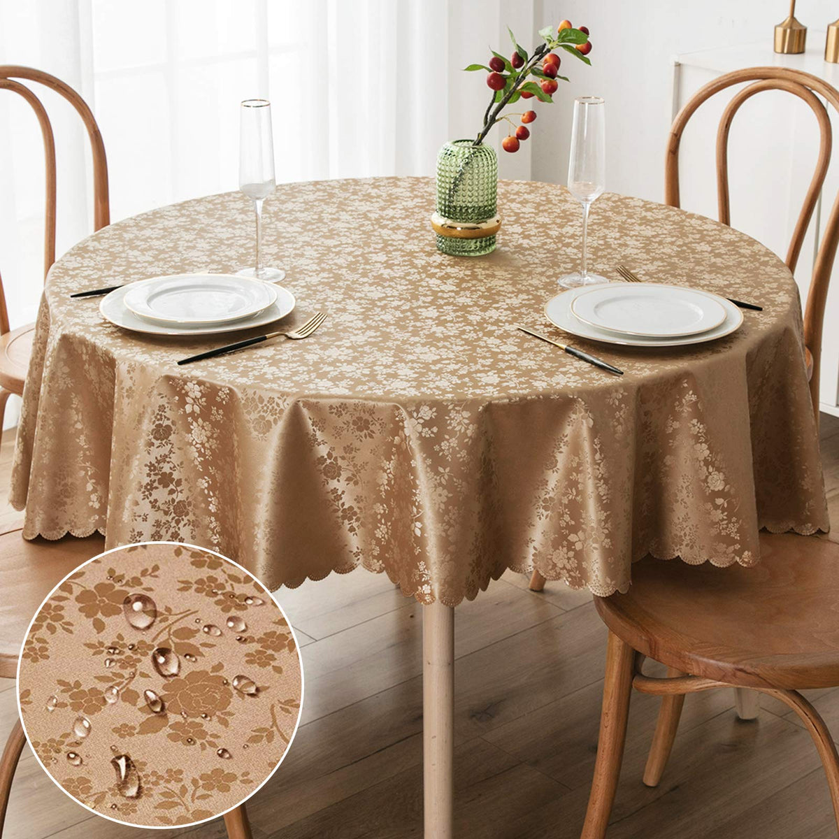 Smiry Rectangle Waterproof Heavy Duty Vinyl Tablecloths, 60 x 84 Inch | Wipeable Washable Floral Embossed Table Cover for Kitchen and Dining Room, Indoor & Outdoor Use, Beige
