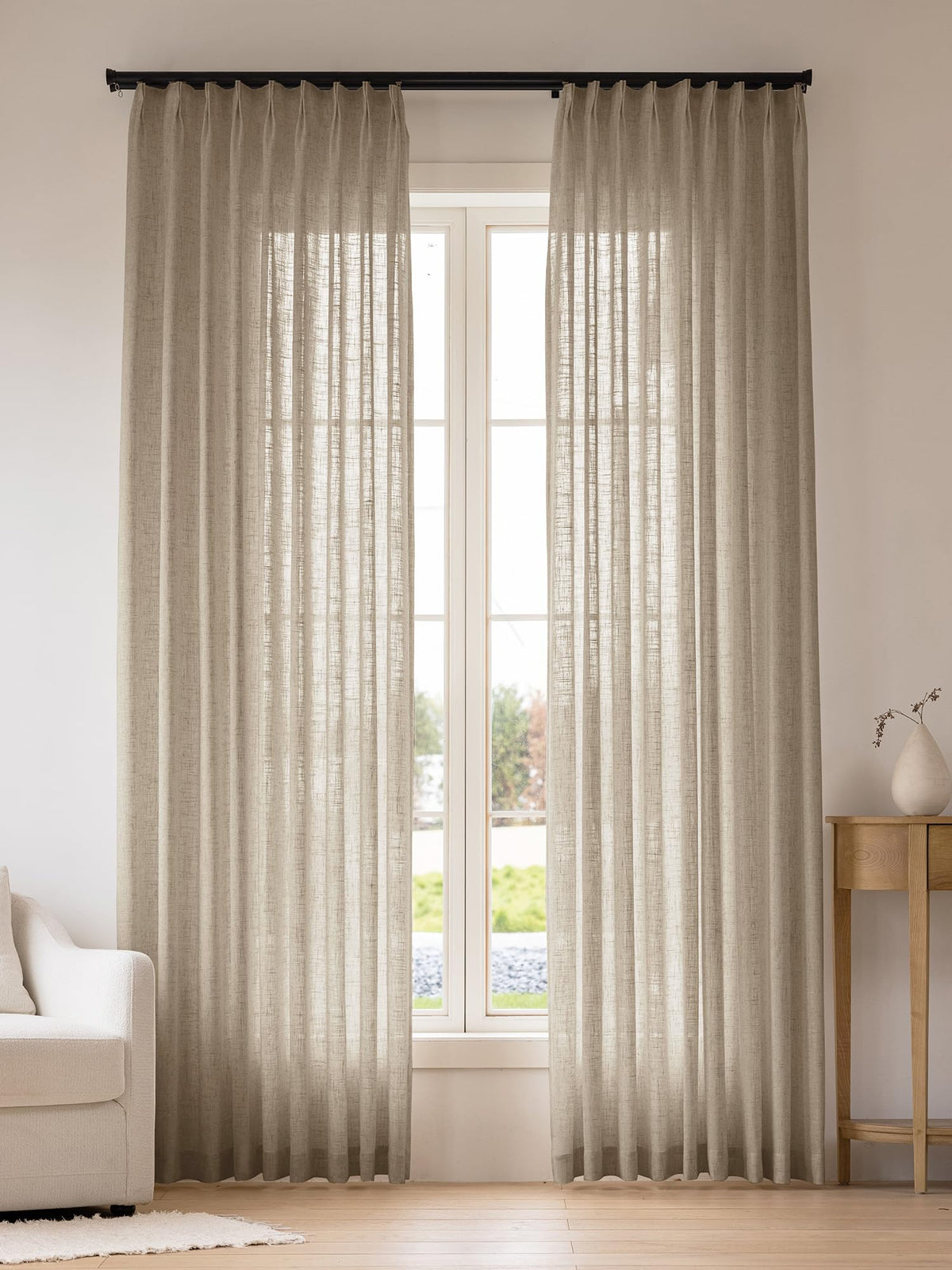 Liz Sheer Pinch Pleated Linen Curtains 102 Inches Long - Light Filtering Pleat Curtains for Living Room, Window Curtains for Bedroom, Luxury Pinch Pleated Drapes with Hooks, Natural, 2 Panels Set