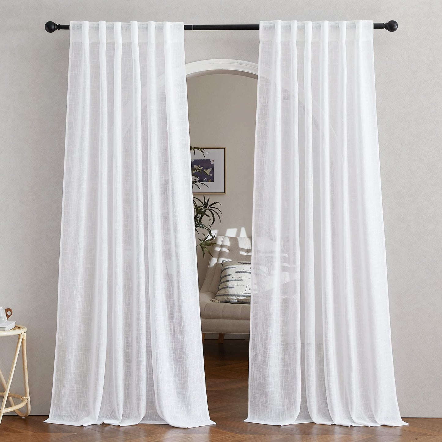 NICETOWN Flax Linen Curtains 84 inch Long, Rod Pocket & Back Tab Semi Sheer Vertical Drapes Privacy Added with Light Filtering for Bedroom/Living Room, Burlap, W52 x L84, 2 Pieces