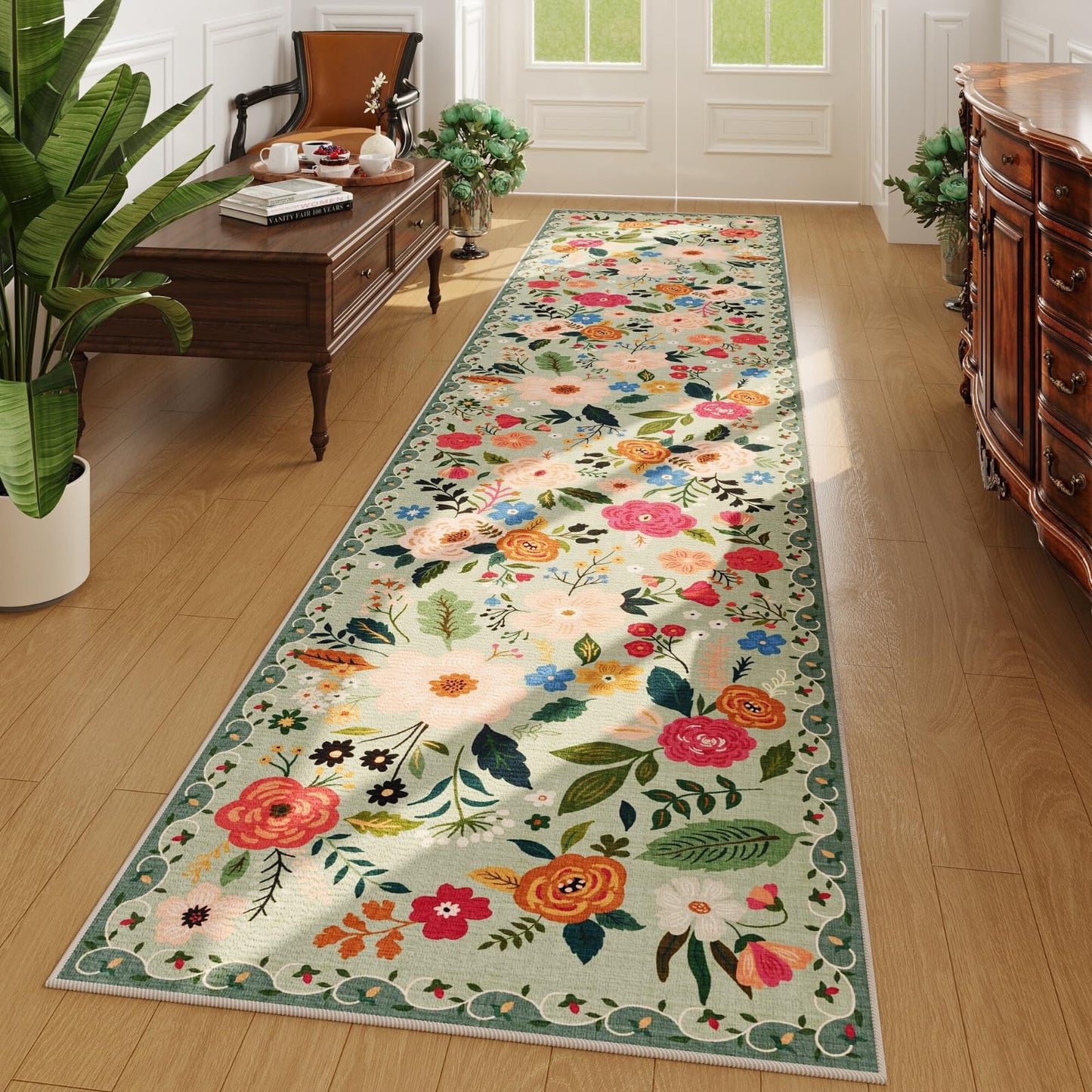 Rugcomf Living Room Rug 5x7 Rug Machine Washable Boho Area Rug Non Slip Floral Vintage Low Pile Large Rugs for Living Room, Bedroom, Farmhouse, Dining Room, Kids Playroom(Black)