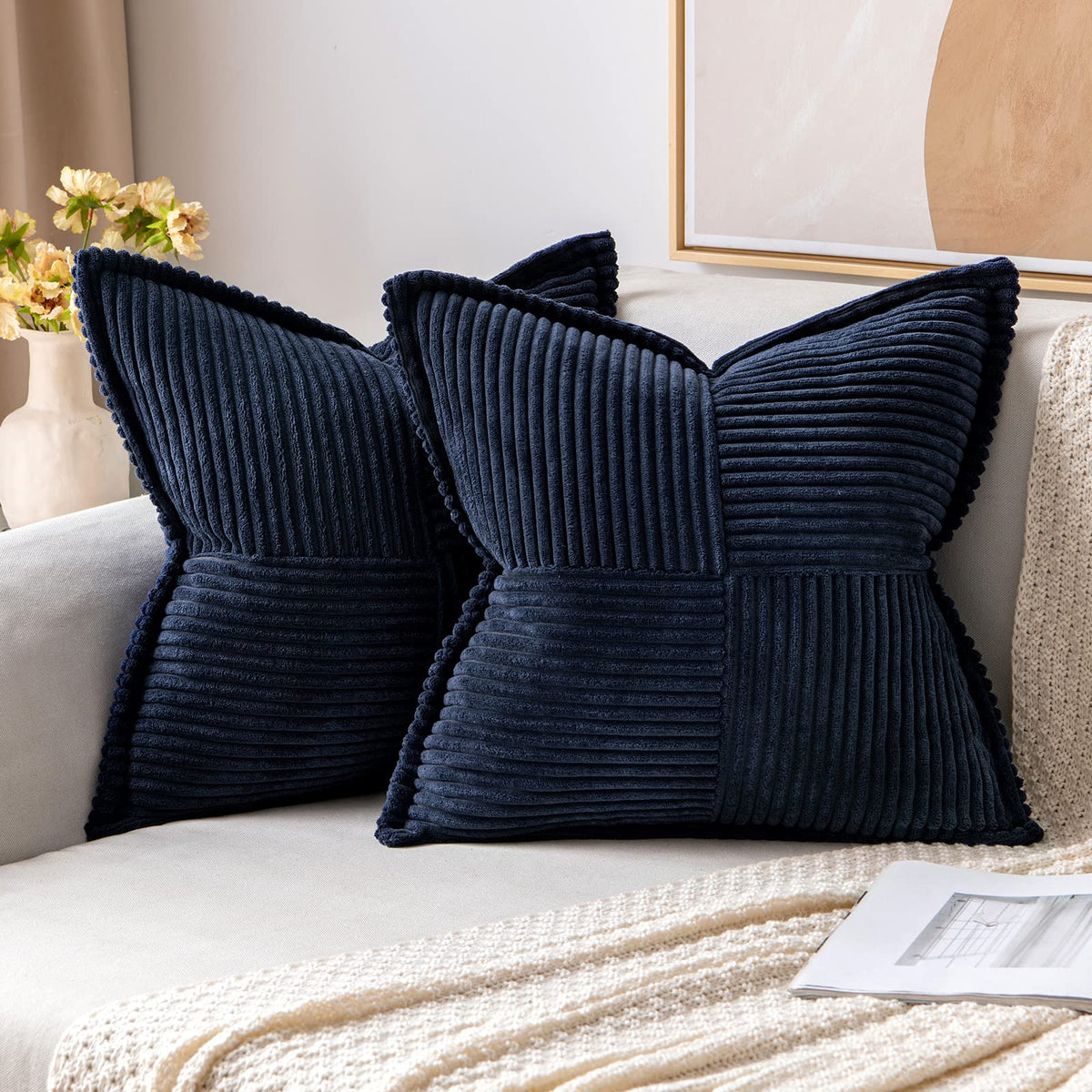 MIULEE Decorative Throw Pillow Covers for Couch 18x18 Inch Beige 2 Pack | Boho Broadside Striped Patchwork Pillow Covers, Soft Corduroy Cushion Cases, For Sofa Bed Livingroom Home Decor