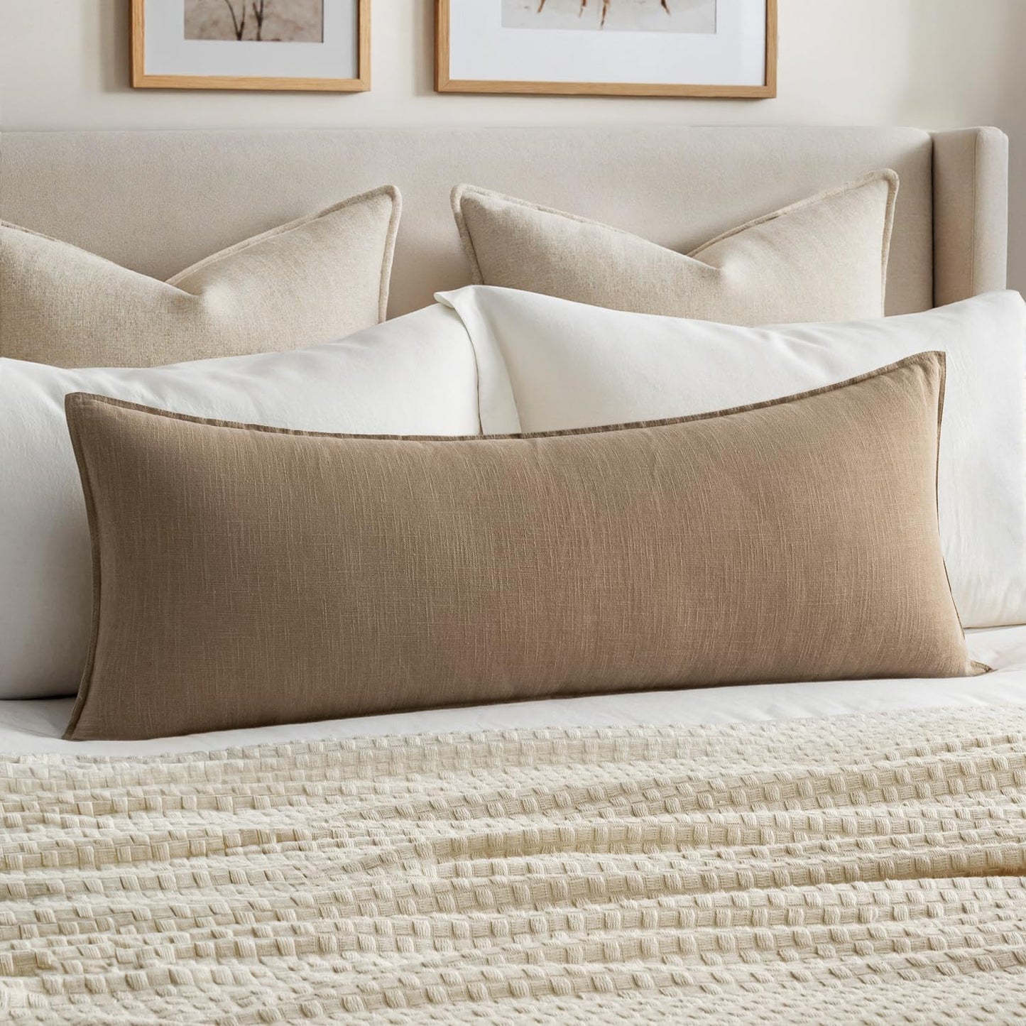 MIULEE Decorative Linen Lumbar Pillow Cover 14x36 Inch Natural Beige | Boho Farmhouse Neutral Couch Long Throw Pillow for Bed, Pack of 1 Accent Modern Pillowcase, Sofa Livingroom Home Decor