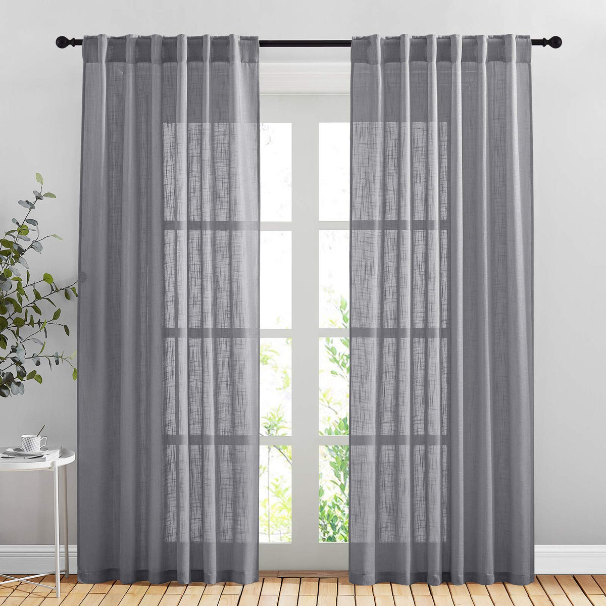NICETOWN Flax Linen Curtains 84 inch Long, Rod Pocket & Back Tab Semi Sheer Vertical Drapes Privacy Added with Light Filtering for Bedroom/Living Room, Burlap, W52 x L84, 2 Pieces