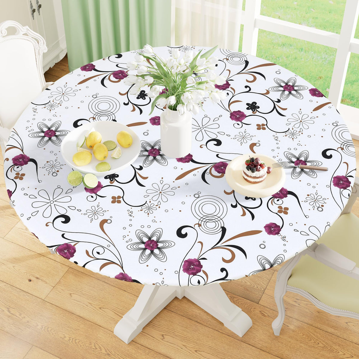 Round Fitted Tablecloth with Elastic Edge, 100% Waterproof Oil Proof Plastic Table Cover, Vinyl Flannel Backed Tablecloth Fits 36"-44" Round Tables for Dinner, Outdoor, Picnic, Oak Wooden Grain