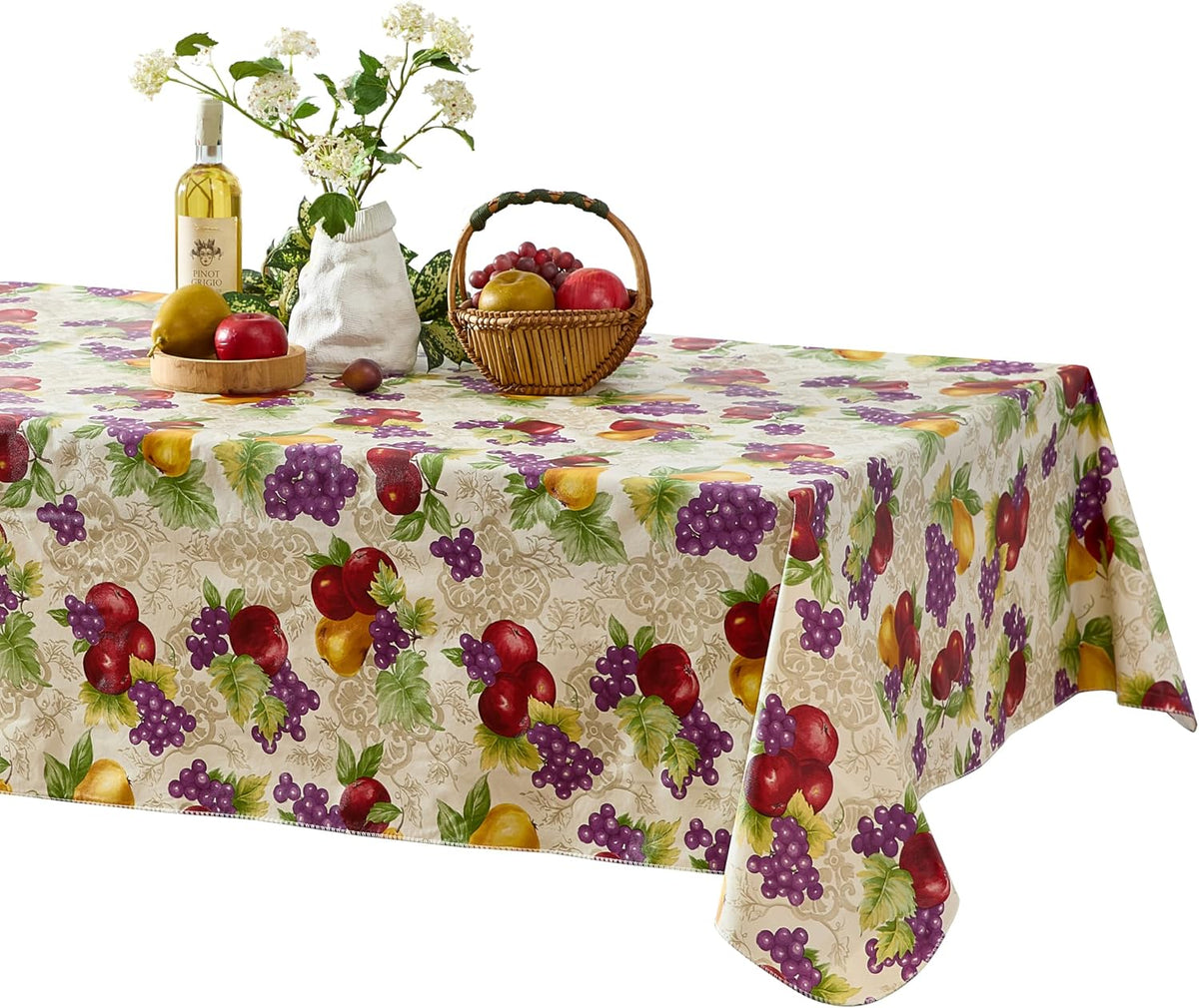 Newbridge Avalon Fresh Ripe Fruit 52”x52” Square Vinyl Tablecloth | Apples, Peaches, Pear and Grape Fruit Print Indoor Outdoor Waterproof Easy Care Vinyl Table Cover with Flannel Backing