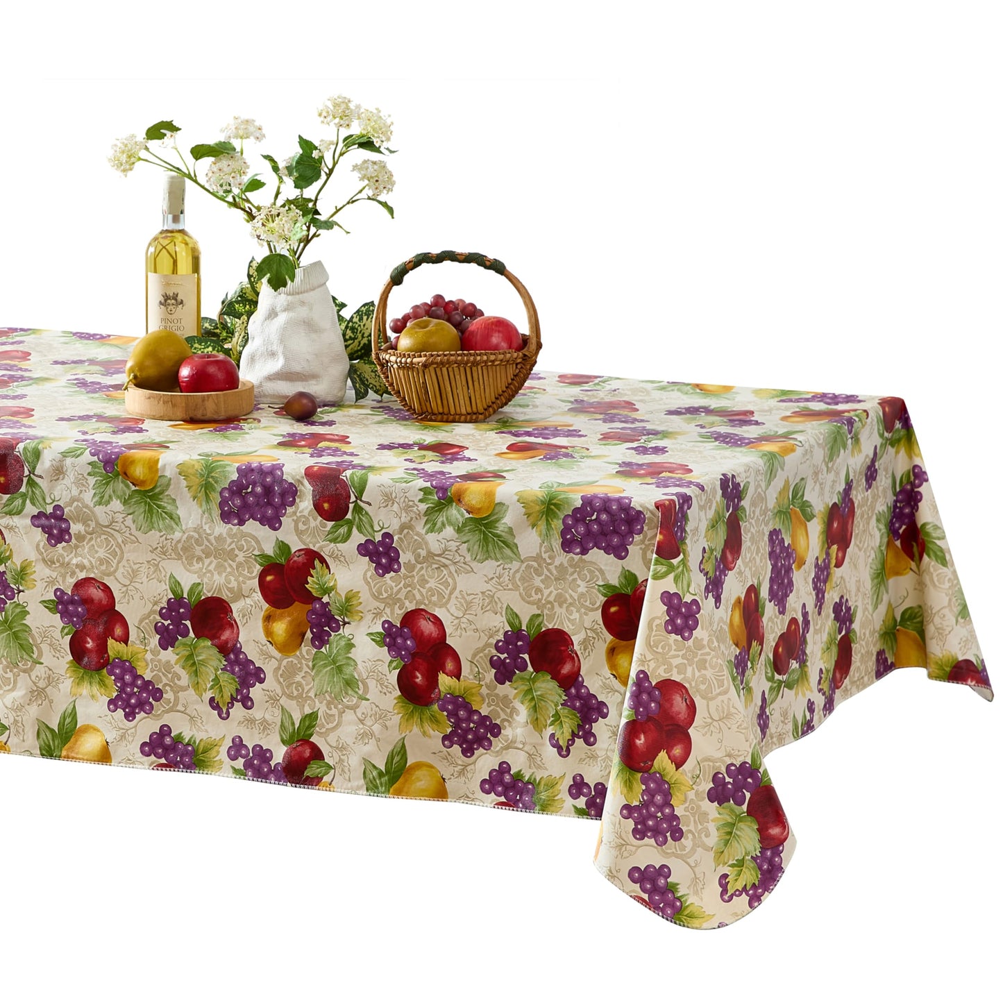 Newbridge Avalon Fresh Ripe Fruit 52”x52” Square Vinyl Tablecloth | Apples, Peaches, Pear and Grape Fruit Print Indoor Outdoor Waterproof Easy Care Vinyl Table Cover with Flannel Backing