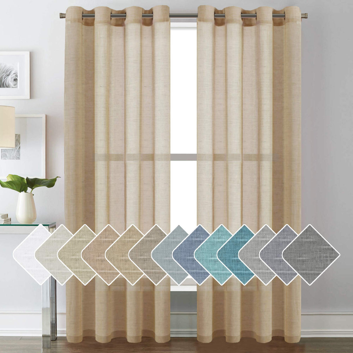 H.VERSAILTEX Natural Linen Sheer Curtains Flax Linen Blended Curtain Panels Living Room, Nickel Grommet Semitransparent Semi-Sheer Soft Privacy Drapes, Natural, 84 inches Long 2 Panels