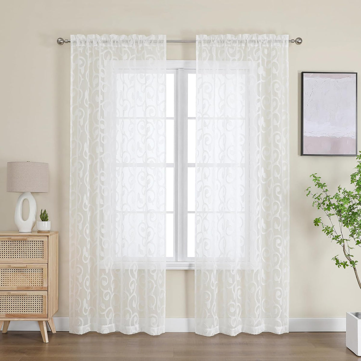 Furman Ivory Sheer Curtains 84 inches Long for Bedroom Living Room 2 Panels Set, Jacquard Clip Light Filtering Semi Sheer Curtain Rod Pocket Window Drapes, 2 Pcs Each 40 W 84 L
