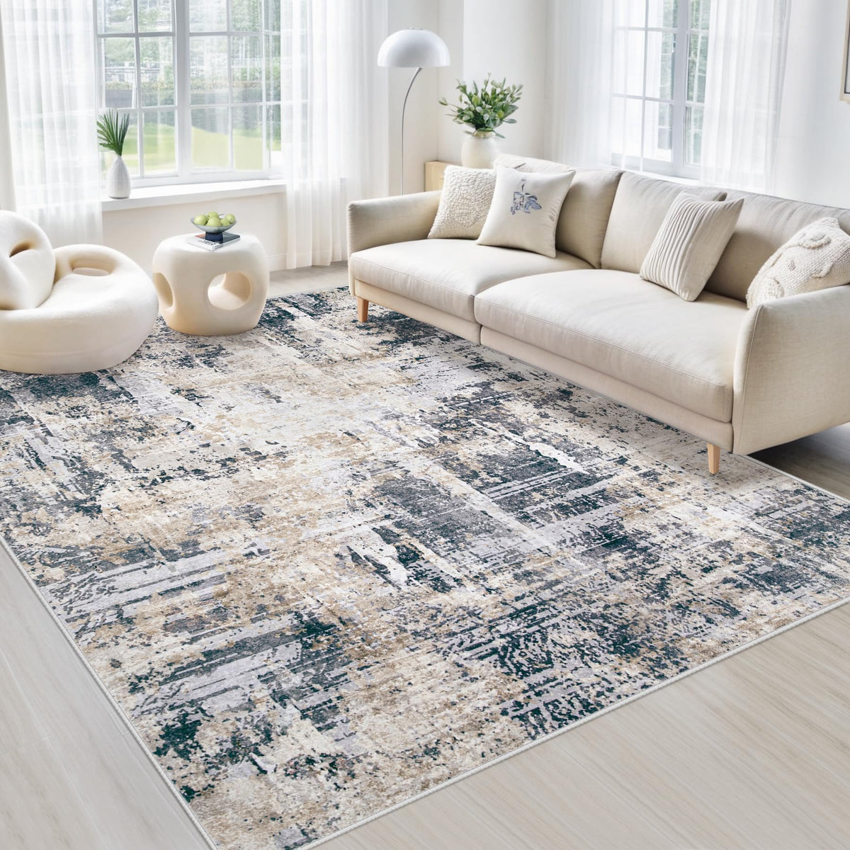 Area Rugs 6x9 Living Room: Washable Rug Modern Abstract Large Rug Soft Non Slip Neutral Rugs Stain Resistant Indoor Carpet for Bedroom Kitchen Dining Room Table Nursery Home Office Rugs(Beige,6'x9')