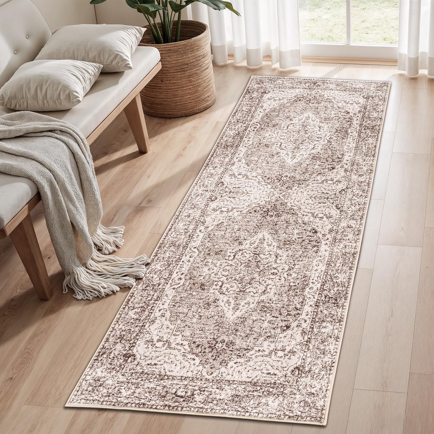 Lofus 5x7 Area Rugs for Living Room Bedroom, Soft Boho Carpet Floral Brown | High-Power Vacuuming, Non-Slip, Low Pile, Stain & Water Repellent, Soft, Skin-Friendly, for Kitchen Entryway Office