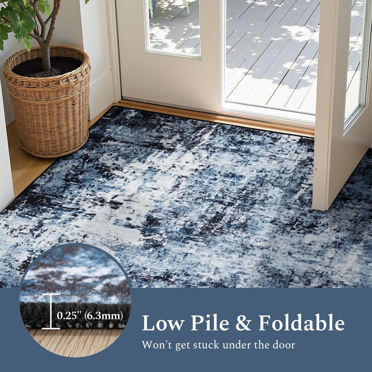 Rugflix 8x10 Area Rugs for Living Room, Washable Large Rug Stain-Resistant Low Pile, Modern Dark Carpet for Dining Room Home Office Kid Room Nursery Bedroom, Navy Blue/Black