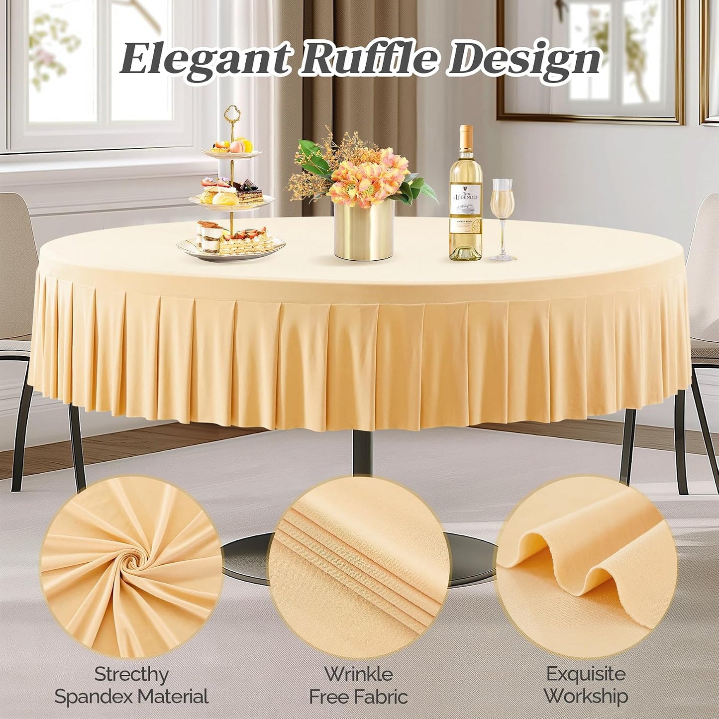 8 Pack Champagne Spandex Round Tablecloths for 72in Table, Stretchy Fitted 6FT Round Table Cloths, Wrinkle Free Table Cover with Skirt for Wedding Birthday Party Bridal Shower Banquet