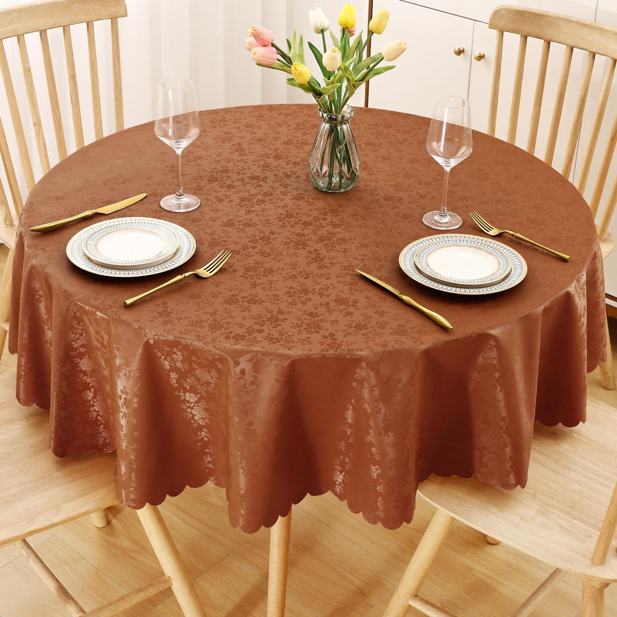 Smiry Rectangle Waterproof Heavy Duty Vinyl Tablecloths, 60 x 84 Inch | Wipeable Washable Floral Embossed Table Cover for Kitchen and Dining Room, Indoor & Outdoor Use, Beige