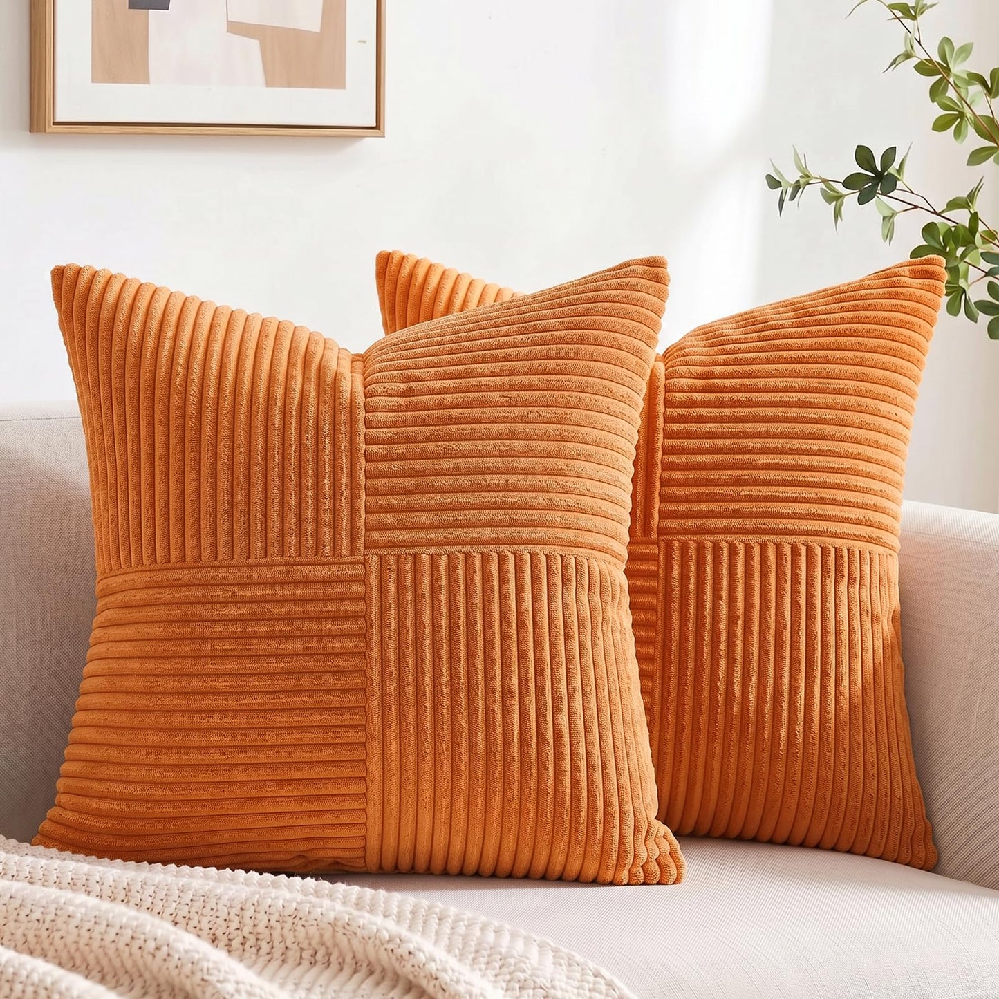 Fancy Homi 2 Packs Rust Boho Decorative Throw Pillow Covers 18x18 Inch for Couch Bed Sofa, Farmhouse Fall Home Decor, Soft Corss Corduroy Patchwork Textured Terracotta Accent Cushion Case 45x45 cm