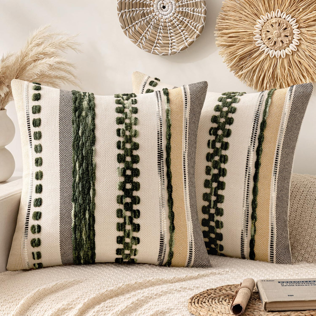 ANRODUO Boho Decorative Pillow Covers Olive Green Stripe 18x18 Pack of 2 | Throw Pillow Covers, Farmhouse Cushion Case, Chenille Pillow Cases, Pillow Covers, Accent Neutral Pillowcase for Couch Bed