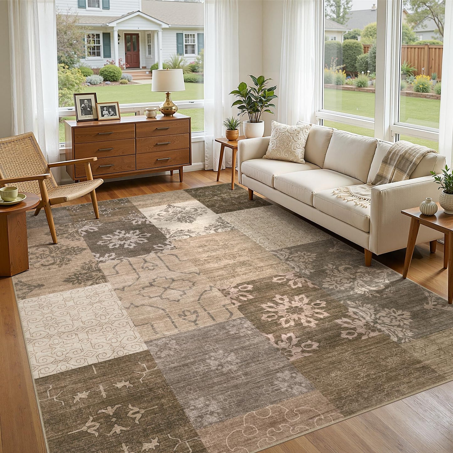 UERMEI 9x12 Area Rug Living Room Rugs - Washable Neutral Modern Abstract Soft Thin Large Rug Indoor Floor No Slip Rug Carpet for Bedroom Under Dining Table Home Office Decor - Brown Grey