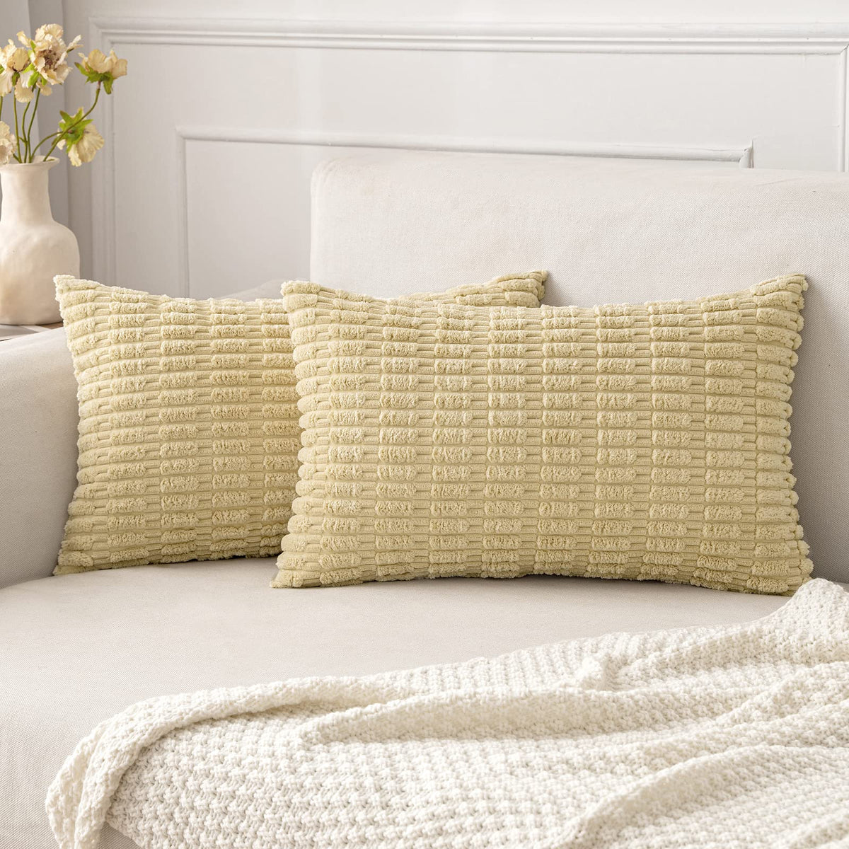 MIULEE Corduroy Decorative Throw Pillow Covers 18x18 Cream White Pack of 2 | Soft Boho Striped Pillow Covers Modern Farmhouse Home Decor For Sofa Living Room Couch Bed