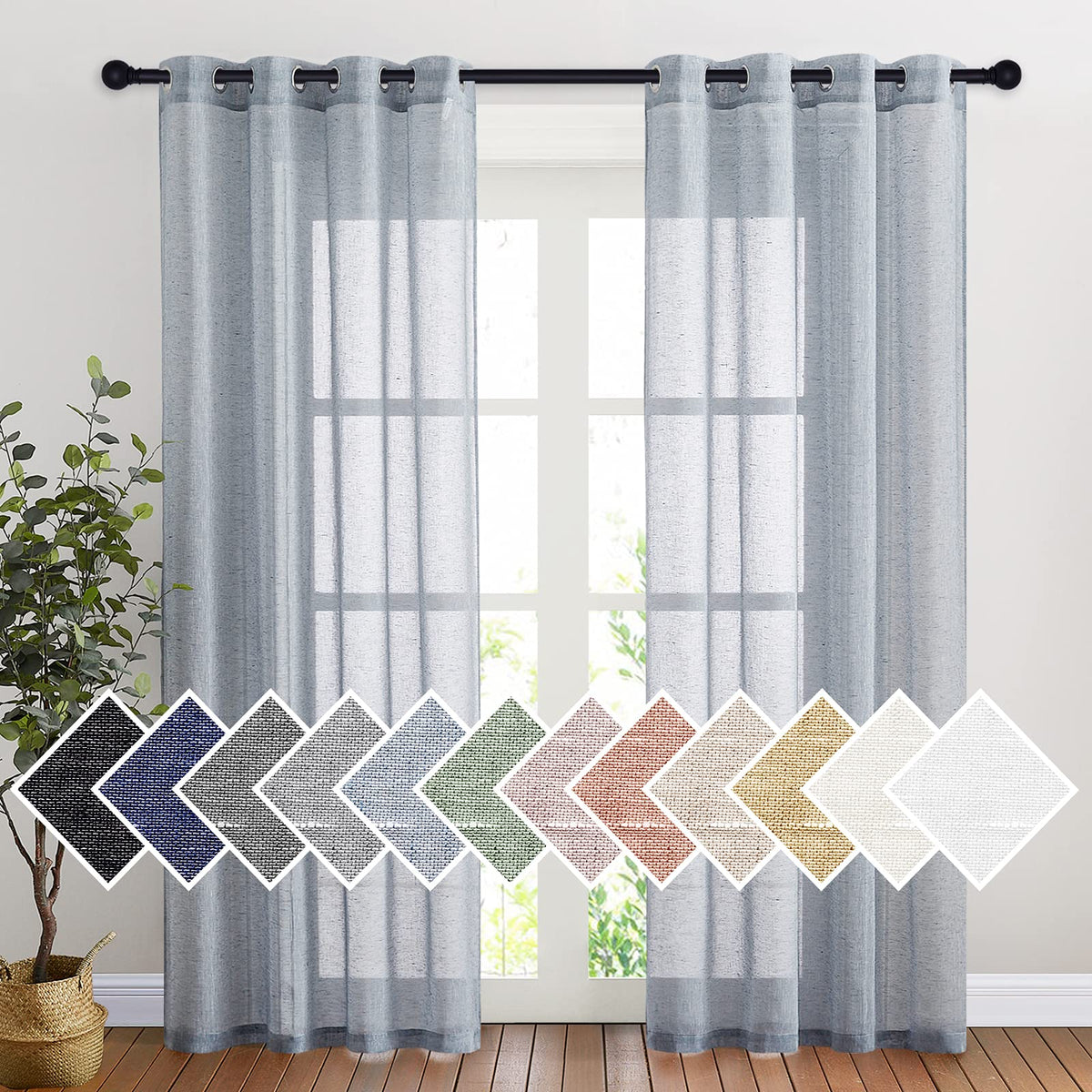 NICETOWN White Sheer Linen Curtains for Living Room 84 inch Length 2 Panels Set, Grommet Semi Sheer Privacy with Light Filtering Flax Window Treatments for Bedroom, W52 x L84