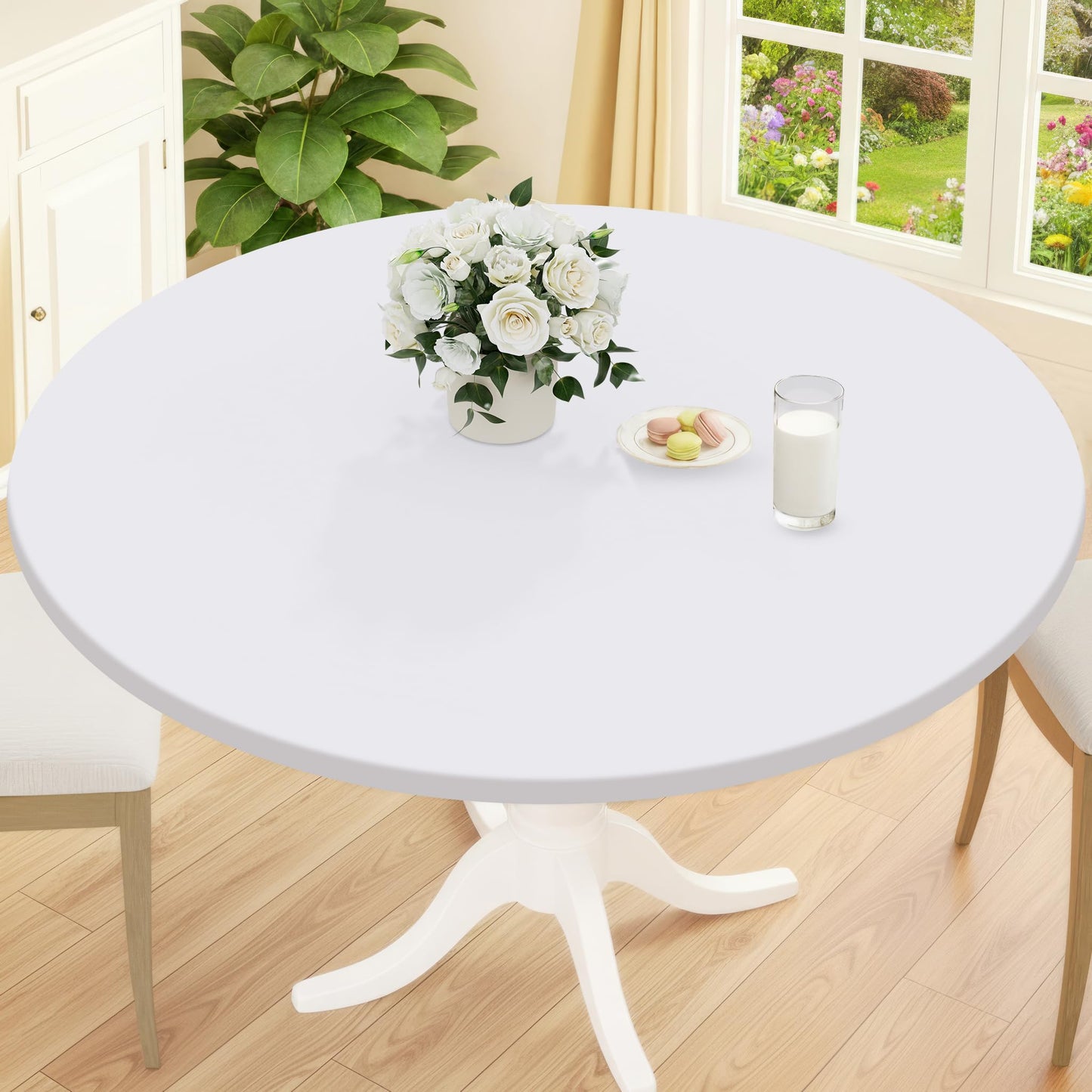 Smiry Round Picnic Tablecloth, Waterproof Elastic Fitted Table Covers for 45" - 56" Tables, Wipeable Flannel Backed Vinyl Tablecloths for Camping, Indoor, Outdoor, Grey & White