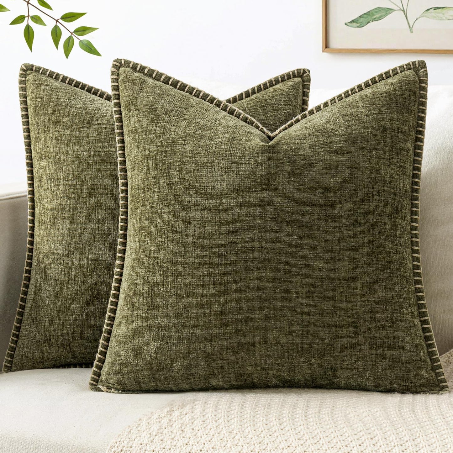 MIULEE Decorative Couch Throw Pillow Covers 18x18 Inch Sage Green 2 Pack | Farmhouse Pillow Covers with Stitched Edge, Soft Chenille Cushion Cases, for Sofa Bed Living Room Home Decor