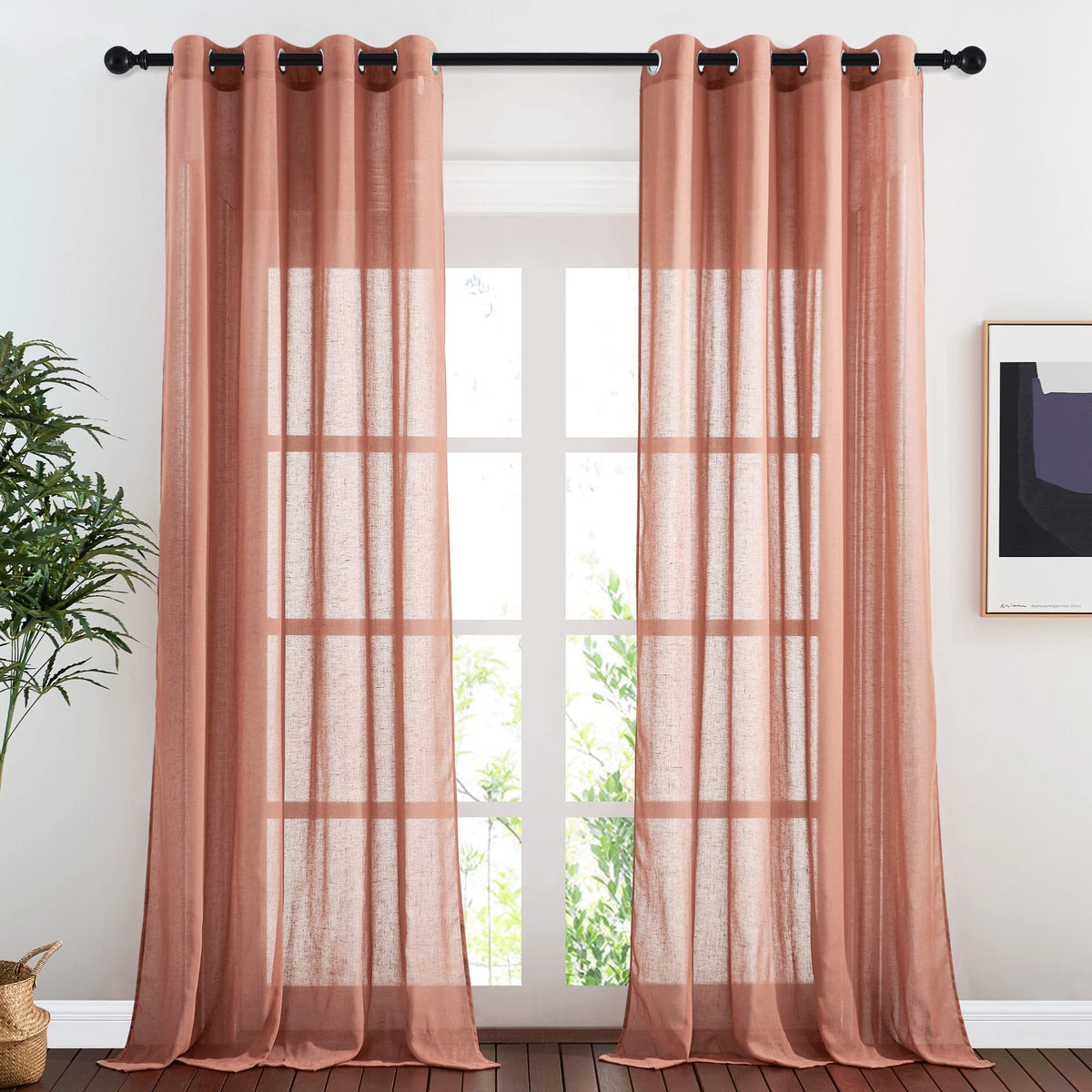 NICETOWN White Sheer Linen Curtains for Living Room 84 inch Length 2 Panels Set, Grommet Semi Sheer Privacy with Light Filtering Flax Window Treatments for Bedroom, W52 x L84