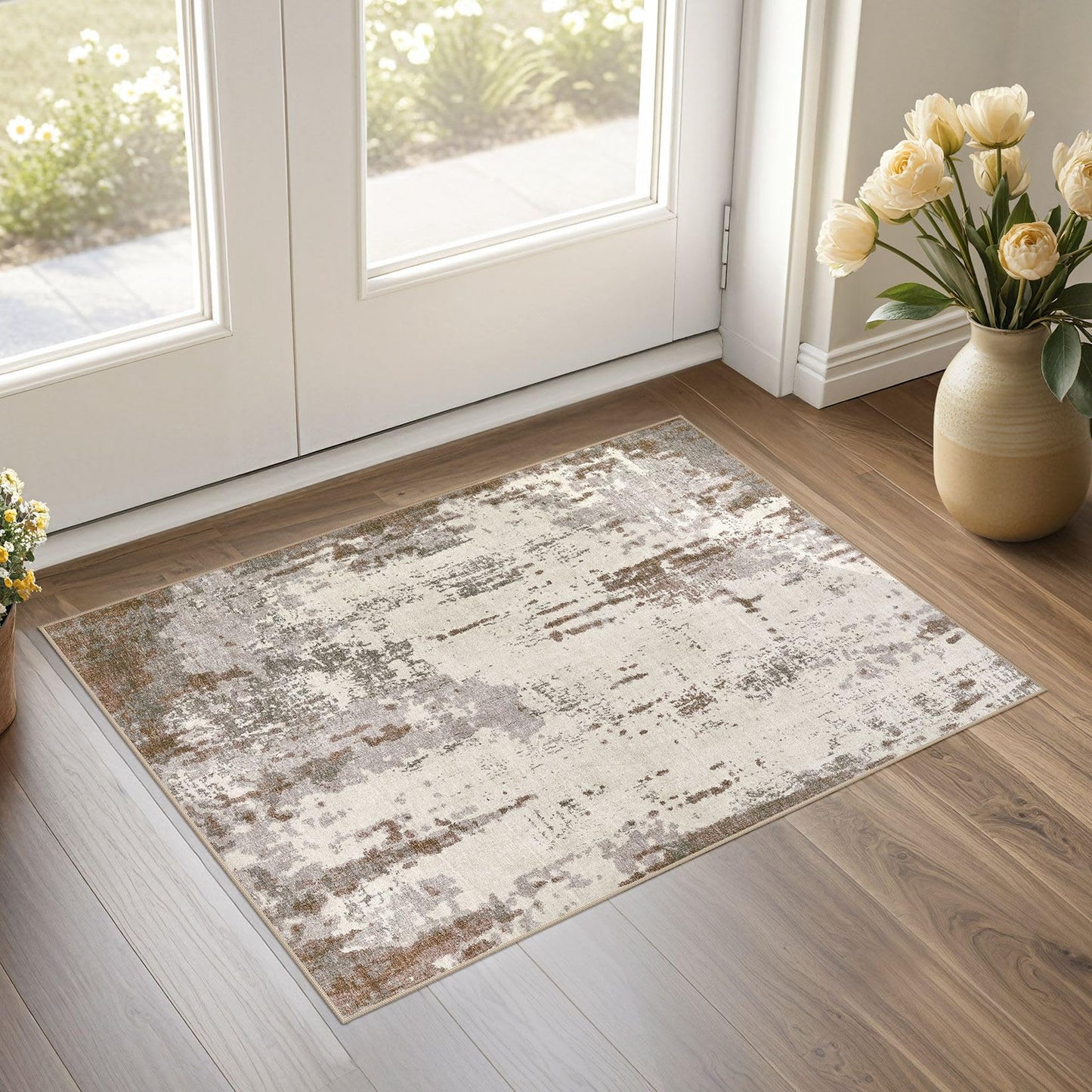 UERMEI 9x12 Area Rug Living Room Rugs - Washable Neutral Modern Abstract Soft Thin Large Rug Indoor Floor No Slip Rug Carpet for Bedroom Under Dining Table Home Office Decor - Brown Grey