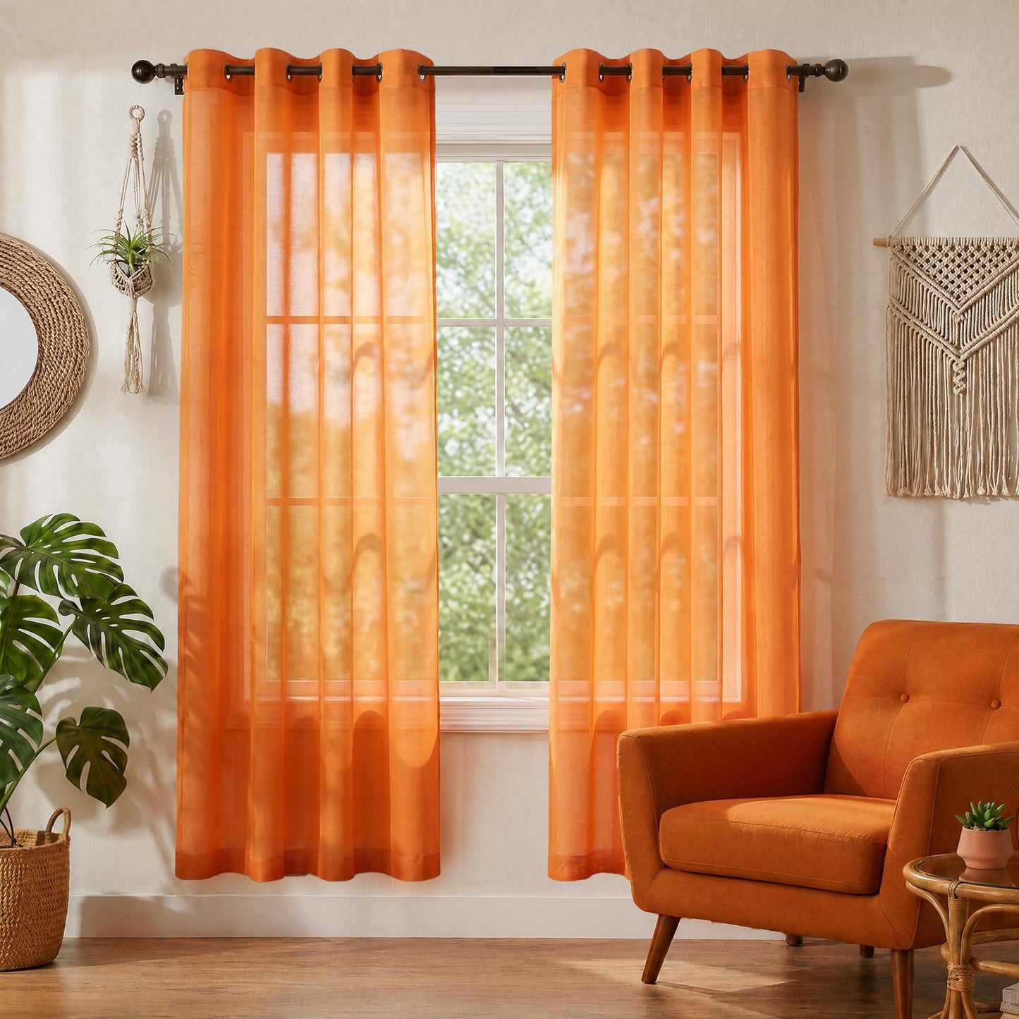 White Sheer Curtains 84 Inches Long Set 2 Panels Grommet Pair Faux Linen Semi Transparent Drape Tulle Gauze Voile Window Sheer Curtains for Bedroom Living Room Dining Wide 52 Length Solid Pack