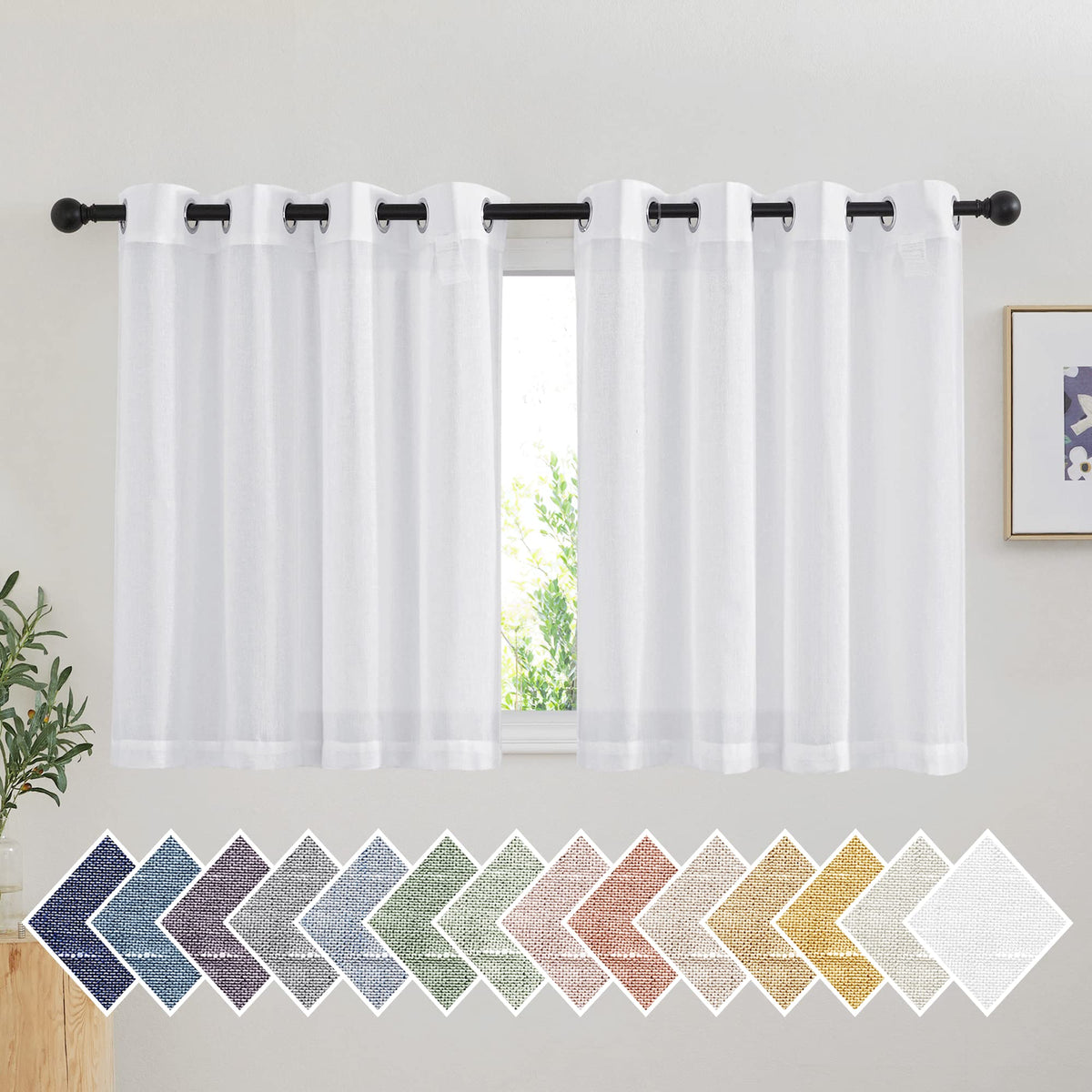 NICETOWN White Sheer Linen Curtains for Living Room 84 inch Length 2 Panels Set, Grommet Semi Sheer Privacy with Light Filtering Flax Window Treatments for Bedroom, W52 x L84