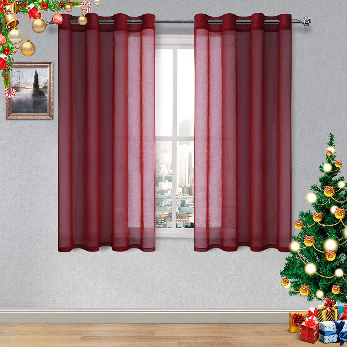 DWCN White Sheer Curtains Linen Look Semi Transparent Voile Grommet White Curtains for Living Dining Room Drapes 52 x 84 Inch Long, Set of 2 Panels