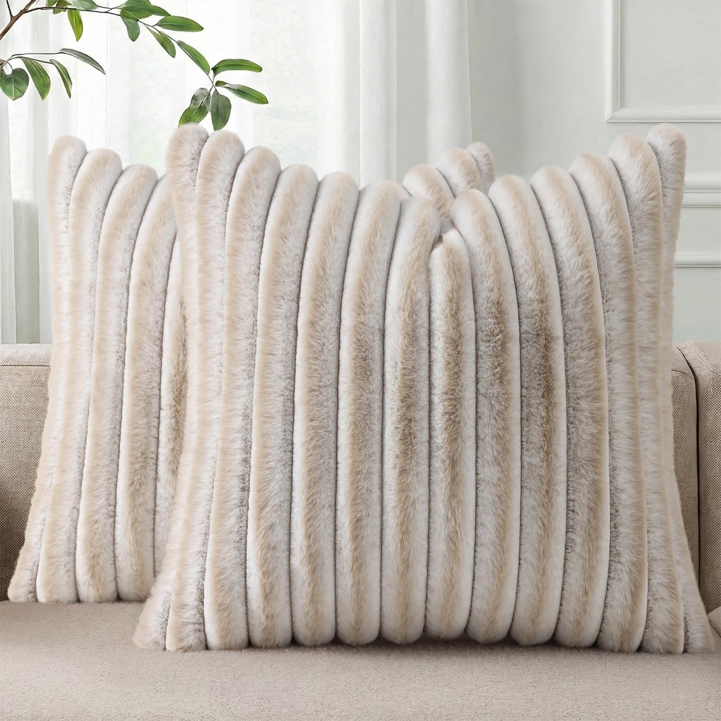 Pallene Faux Fur Decorative Throw Pillow Covers 18x18 Set of 2, Cream White | Luxury Plush Texture, Striped Design, Cozy Soft Touch, Modern Home Accent Decor for Couch, Sofa, Bed, Living Room