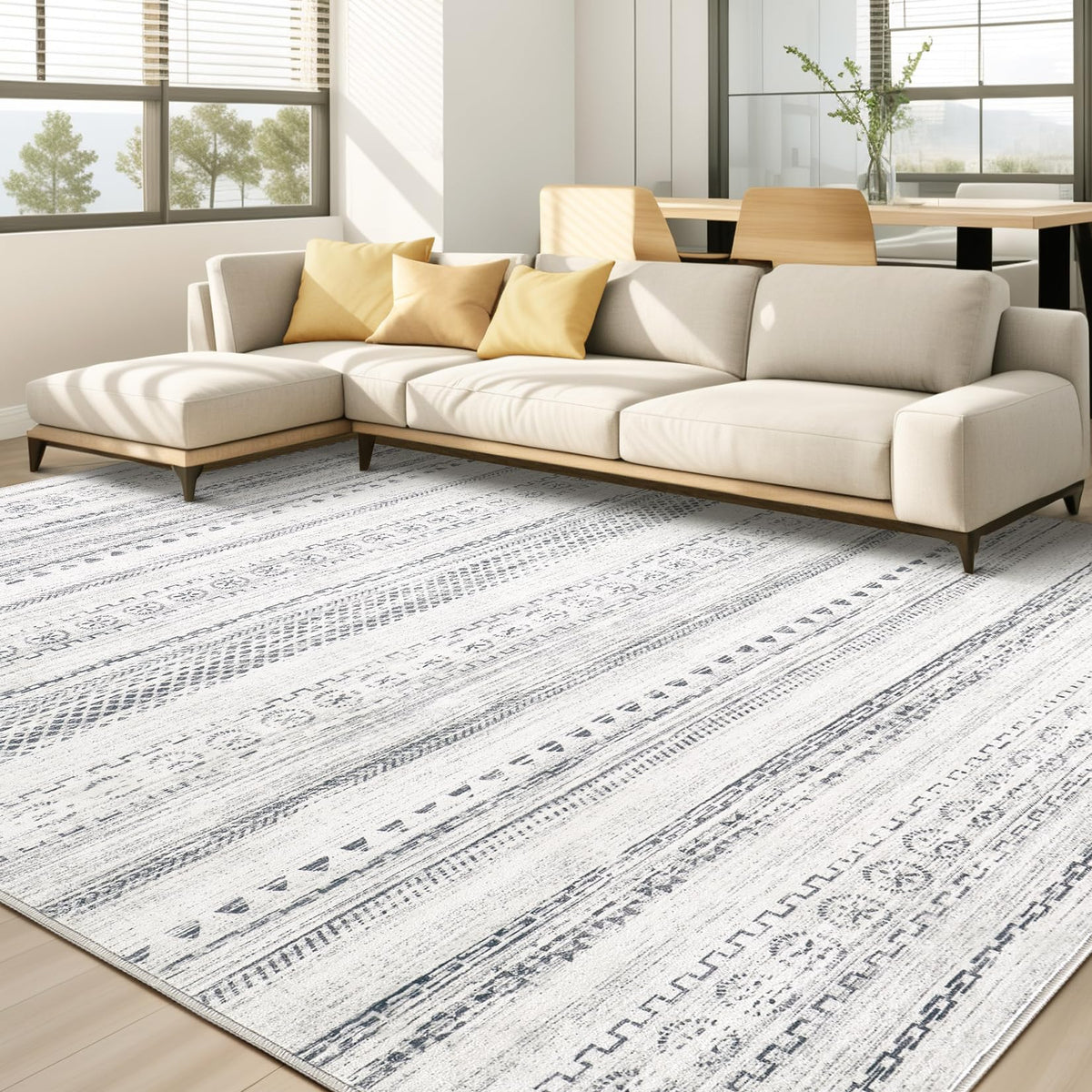 kakania 9x12 Washable Area Rug: Non Slip Soft Thin Carpet, Boho Geometric Modern Decor, Easy Clean Indoor Floor Large Rugs for Living Room Bedroom Kids Dorm Office Dining - Brown