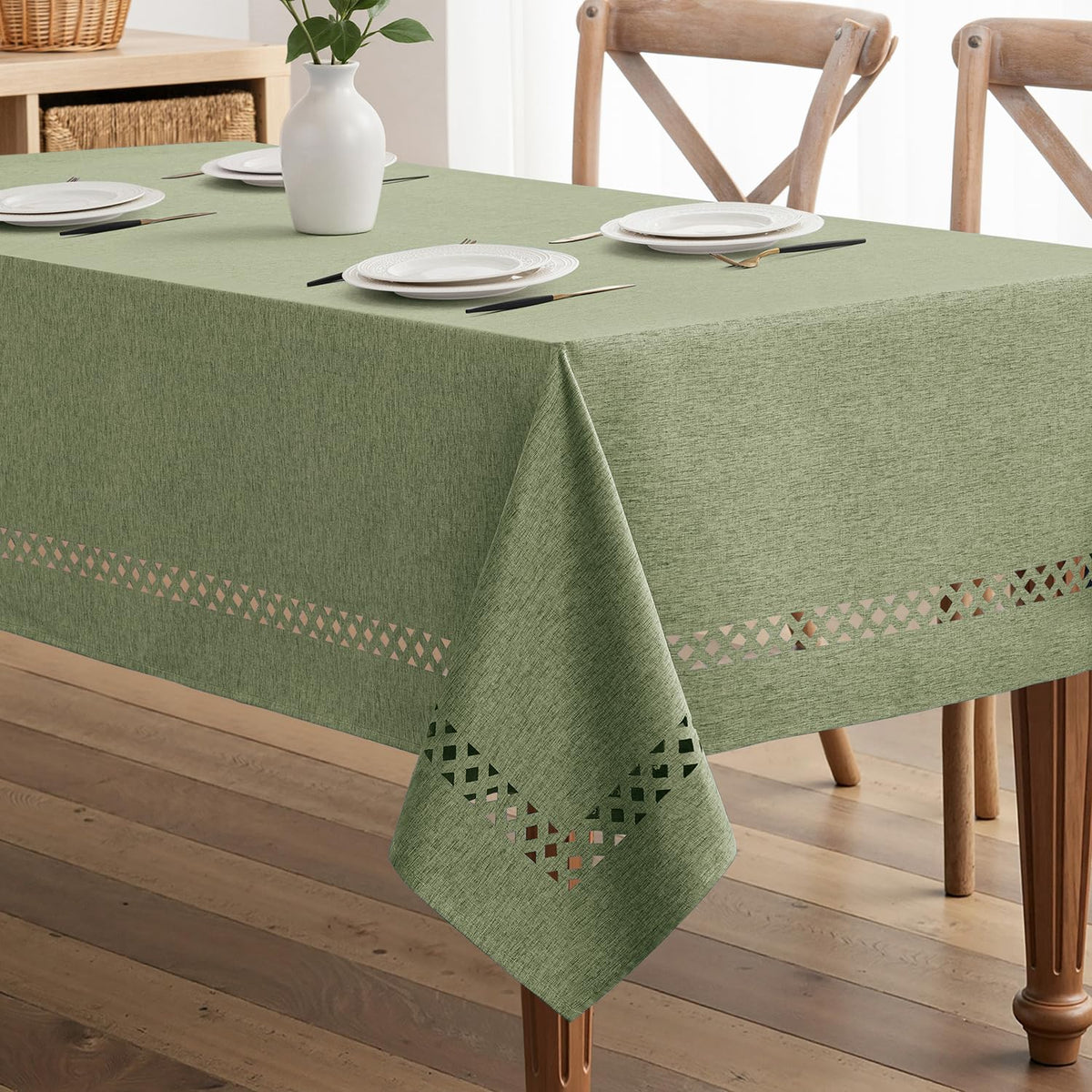 MIULEE Beige Rectangle Tablecloth with Decorative Cutouts 52x70 Inch | Waterproof Stain Resistant & Shrink-Proof Table Cloth, Farmhouse Style, for Dining Wedding Kitchen Party Outdoor