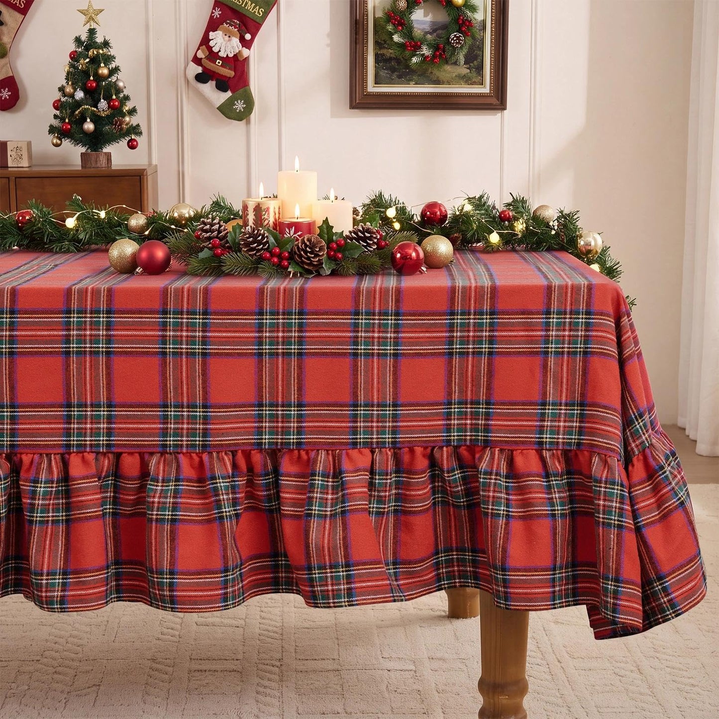 Romanstile Gingham Ruffled Tablecloth Rectangle, 60 x 84 Inch, Sage Green | Waterproof Checkered Table Cloth, Polyester-cotton, Farmhouse Plaid Table Cover for Outdoor, Picnic, Camping, Party