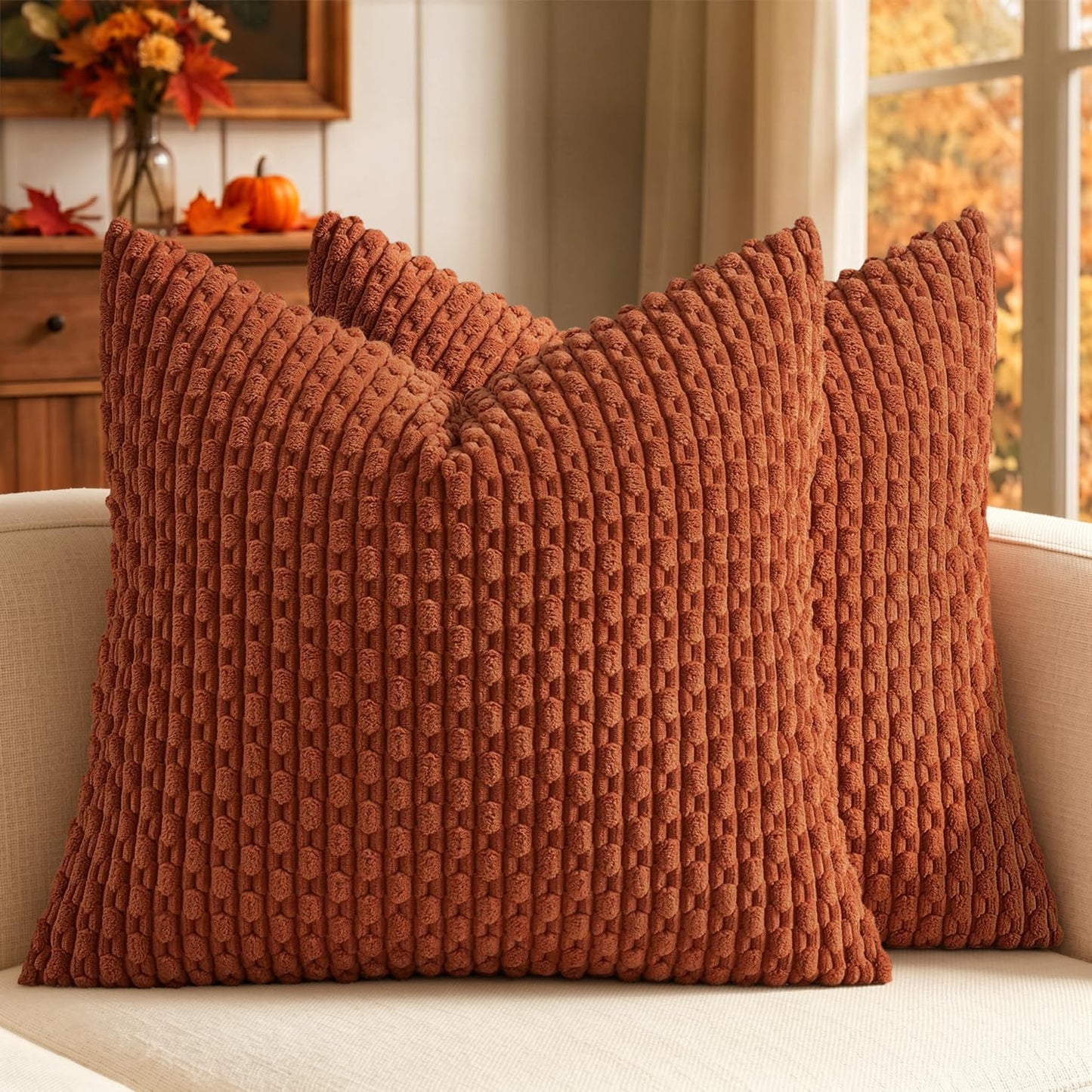 MIULEE Decorative Throw Pillow Covers 18x18 Sage Green Textured Corduroy | Pack of 2 Striped Pillow Covers Modern Farmhouse Home Decor for Couch Bed Sofa Living Room
