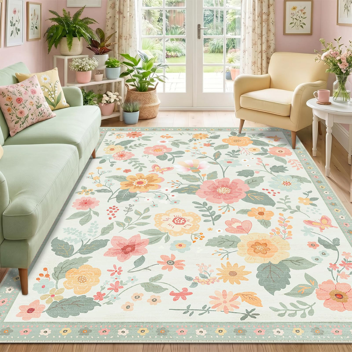 RELEANY Floral Washable 5x7 Area Rugs Beige/White/Orange | Flower Carpet, Print, Boho, Non-Slip, Easy to Clean, Soft, Low Pile for Living Room Bedroom Kitchen Office Entryway Hallway