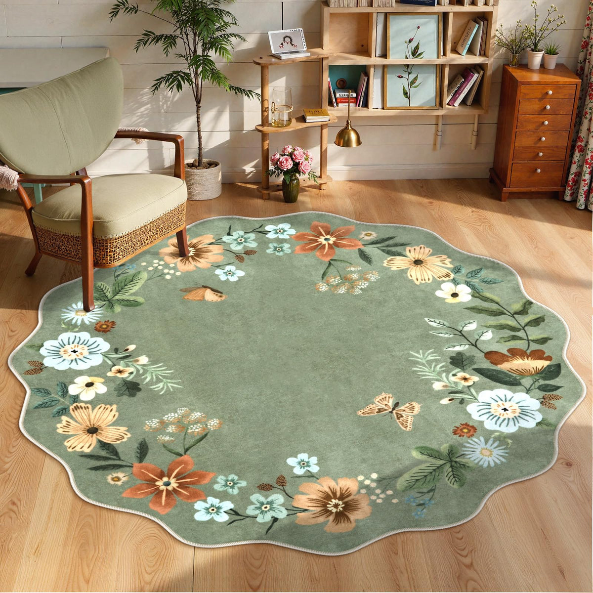 Lahome Floral Living Room Rugs, Area Rugs 5x7 Rug for Bedroom Ultra-Thin Soft Rug, Non-Slip Washable Rugs Stain Resistant Boho Rug Flore Throw Rug for ‎Dining Room Office (5x7ft,Green)