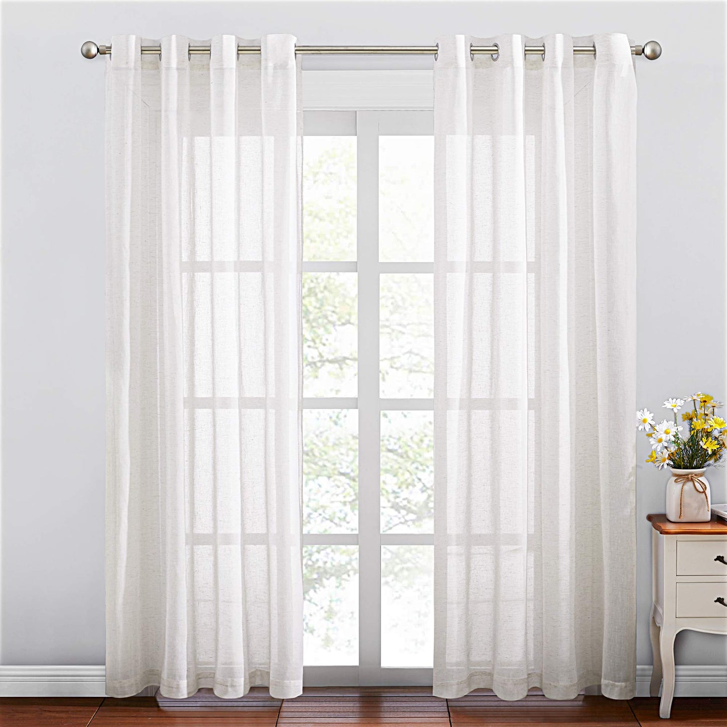 NICETOWN White Sheer Linen Curtains for Living Room 84 inch Length 2 Panels Set, Grommet Semi Sheer Privacy with Light Filtering Flax Window Treatments for Bedroom, W52 x L84